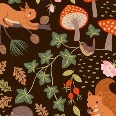 Evergreen by Lewis & Irene - Squirrels & Hedgehogs on Dark Brown